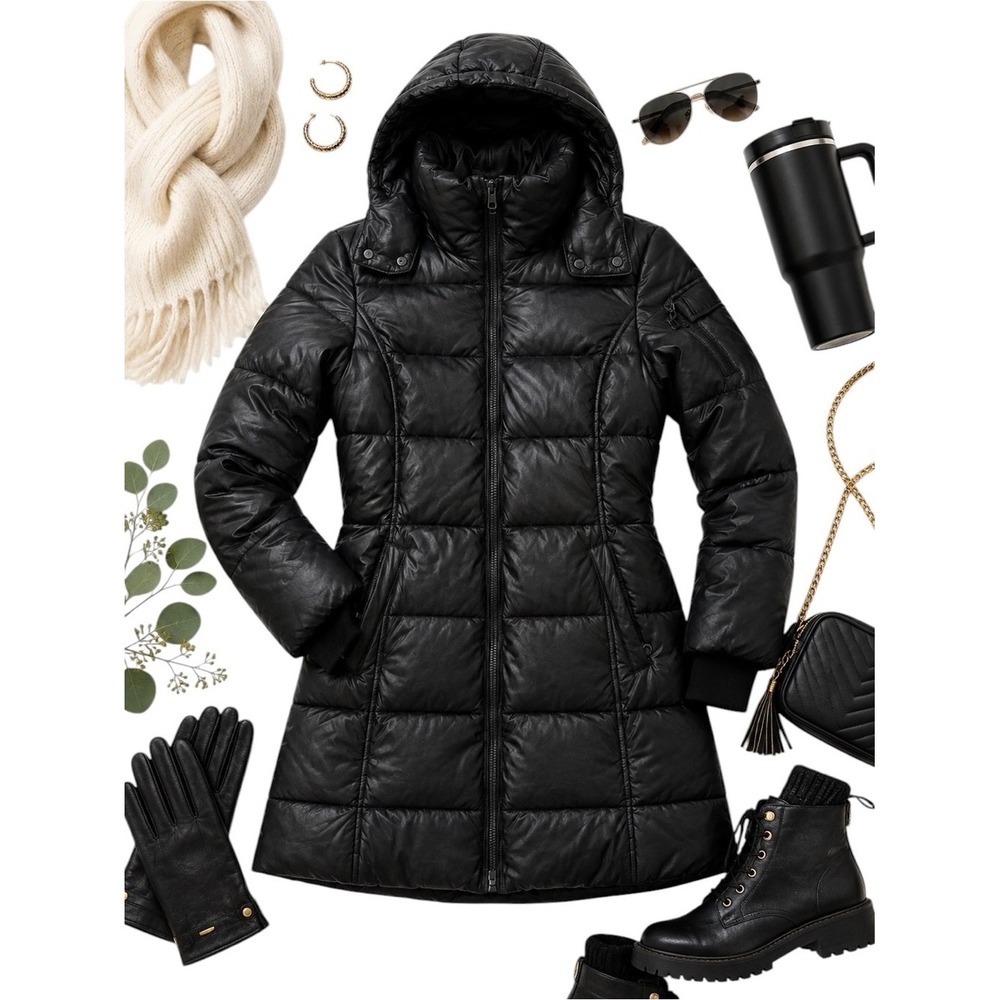 Noize Black Hooded Puffer Jacket Vegan Leather Trim Womens Medium Belt Missing